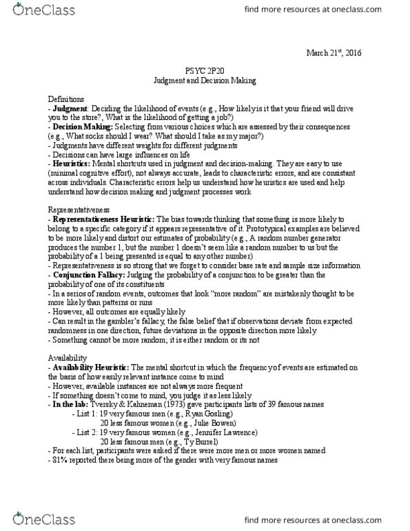 PSYC 2P20 Lecture Notes - Lecture 9: Omission Bias, Julie Bowen, Loss Aversion thumbnail