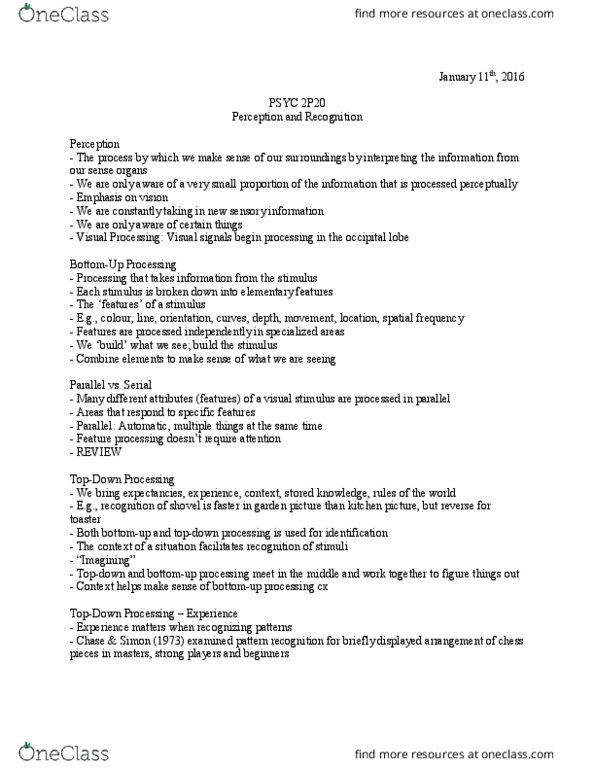 PSYC 2P20 Lecture Notes - Lecture 2: Achromatopsia, Vise, Prosopagnosia thumbnail