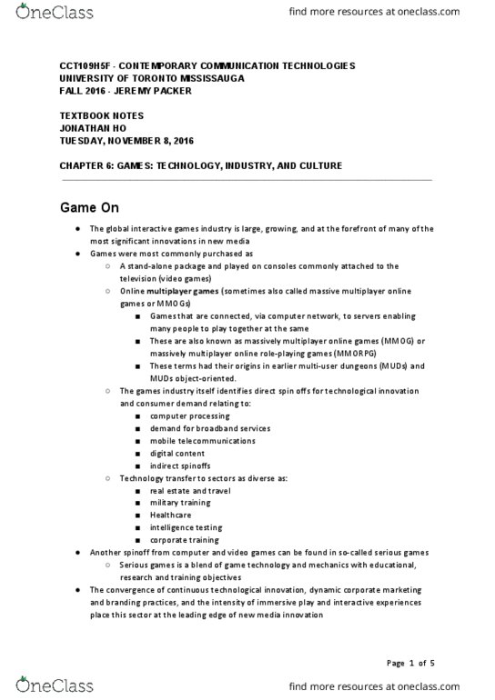 CCT109H5 Chapter Notes - Chapter 6: Ubisoft, Multiplayer Video Game, University Of Toronto Mississauga thumbnail