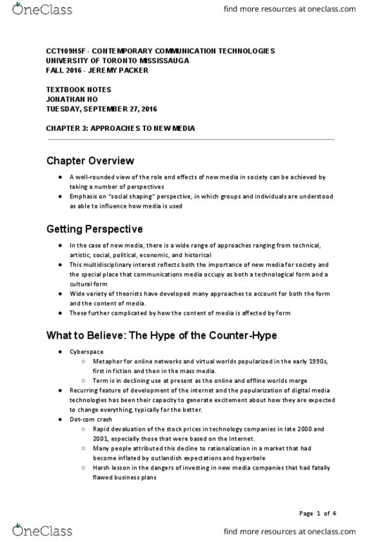 CCT109H5 Chapter Notes - Chapter 3: Capital Formation, Technological Determinism, University Of Toronto Mississauga thumbnail