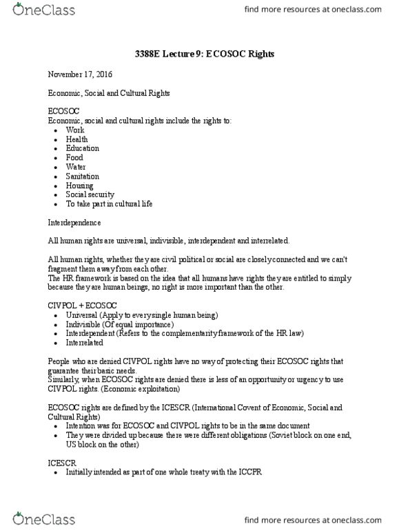 Political Science 3388E Lecture Notes - Lecture 9: International Covenant On Civil And Political Rights, United Nations Economic And Social Council thumbnail