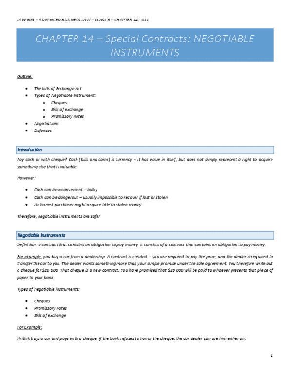 LAW 603 Lecture Notes - Lecture 7: Bearer Instrument, Daily Bugle, Negotiable Instrument thumbnail