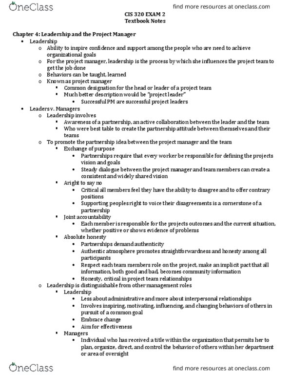 CIS 320 Chapter Notes - Chapter 4, 6, 7, 9, 10: Sequential Logic, Gantt Chart, Risk Management Tools thumbnail