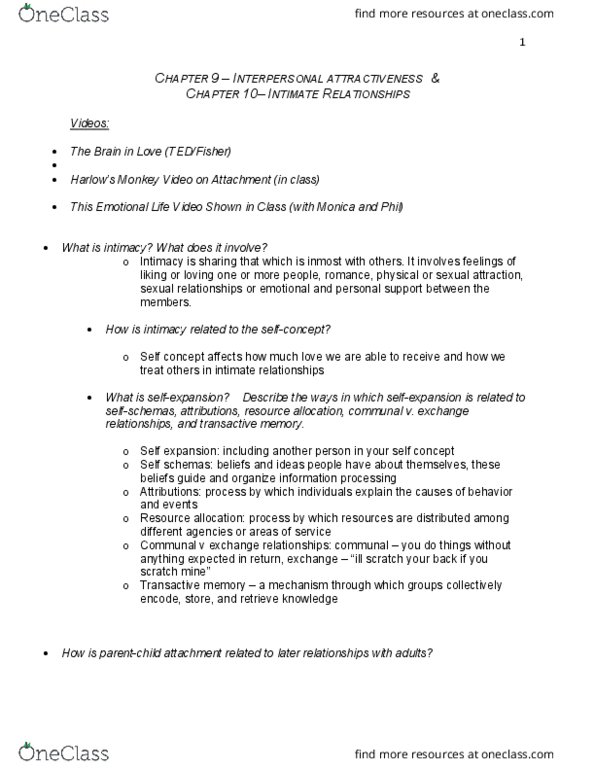 PSYCH 360 Chapter Notes - Chapter 9-10: Transactive Memory, Attachment In Adults, Resource Allocation thumbnail