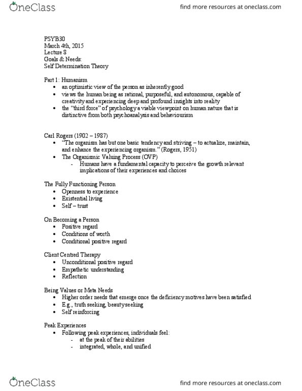 PSYB30H3 Lecture Notes - Lecture 8: Introjection, Cognitive Evaluation Theory, Unconditional Positive Regard thumbnail