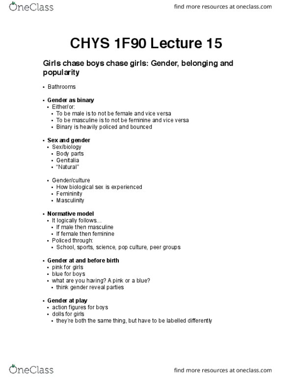 CHYS 1F90 Lecture Notes - Lecture 15: Metrosexual, Gender Dysphoria, Heterosexism thumbnail