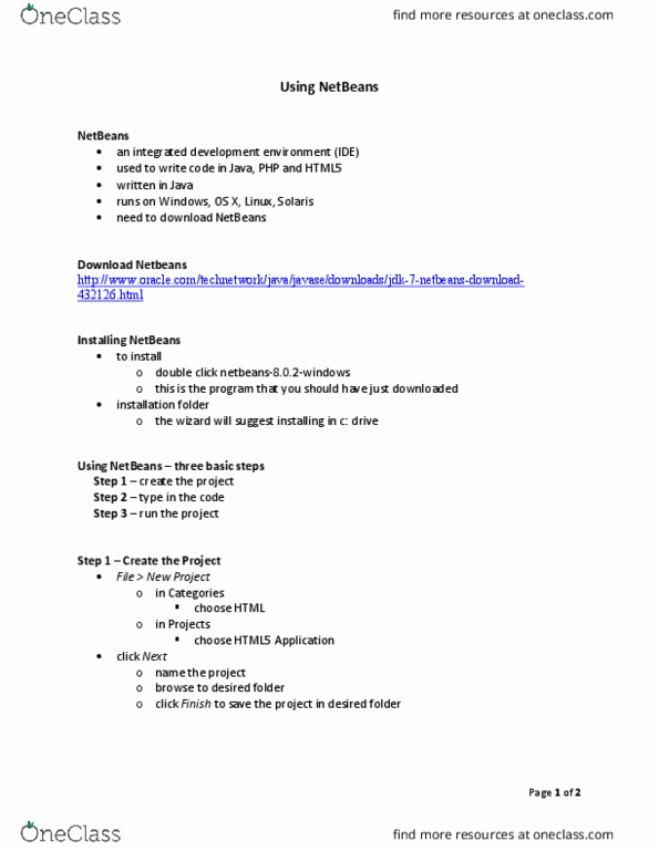 SYST 10049 Lecture Notes - Lecture 1: Integrated Development Environment, Netbeans thumbnail