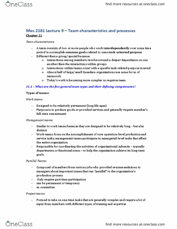 Management and Organizational Studies 2181A/B Lecture Notes - Lecture 11: Extraversion And Introversion, Agreeableness, Social Loafing thumbnail