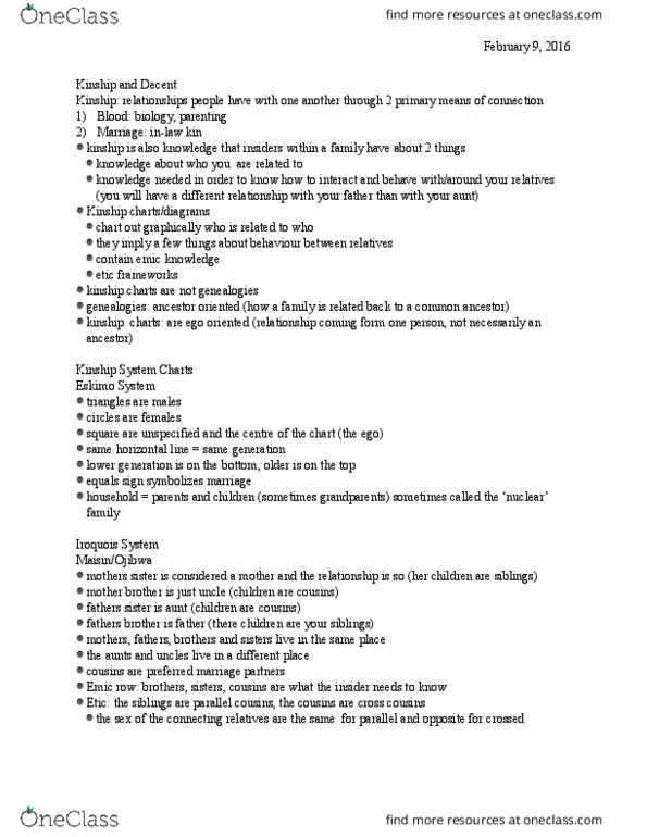 ANTH 1150 Lecture Notes - Lecture 9: Equals Sign, Emic And Etic, Nuclear Family thumbnail