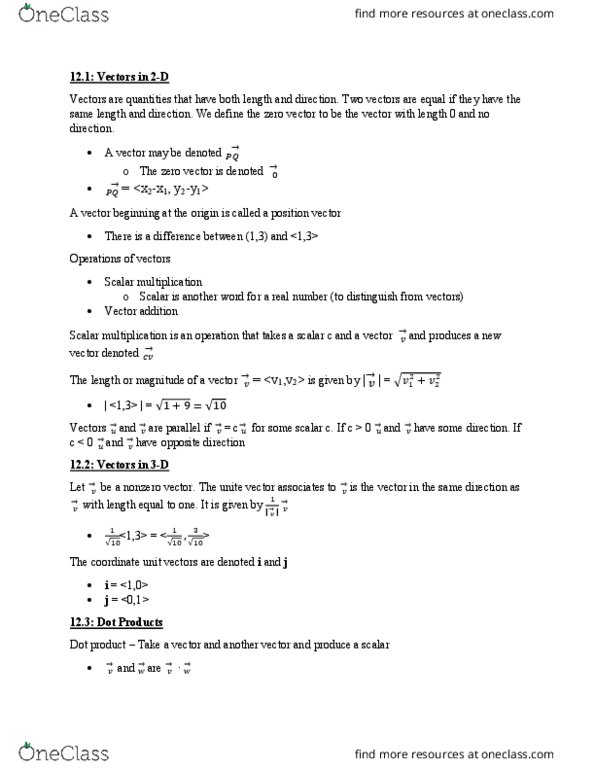 MATH 1152 Chapter Notes - Chapter 12: Parallelogram, Cross Product, Scalar Multiplication thumbnail