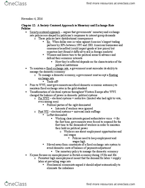 PSCI 152 Lecture Notes - Lecture 11: Bretton Woods System, German Federal Bank, Economic And Monetary Union Of The European Union thumbnail