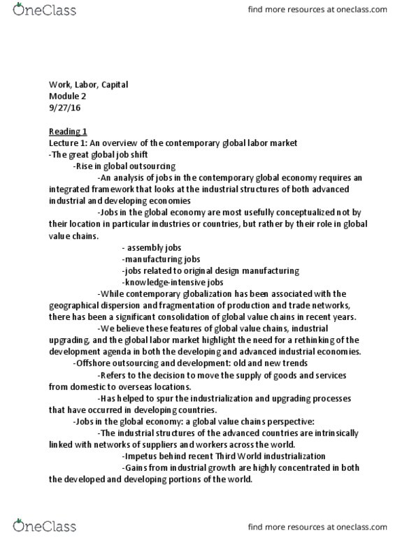 ILRIC 2350 Chapter Notes - Chapter All Module 2 Assigned Readings: Global Labor Arbitrage, Stephen S. Roach, Offshore Outsourcing thumbnail