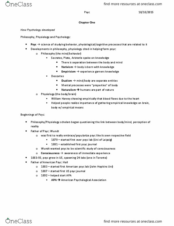 PSYC 2510 Lecture Notes - Lecture 1: Unconsciousness, Psychoanalytic Theory, James Olds thumbnail