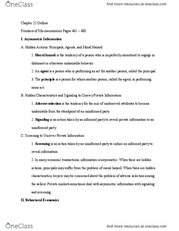 ECON 10a Chapter Notes - Chapter 22: Behavioral Economics, Adverse Selection thumbnail