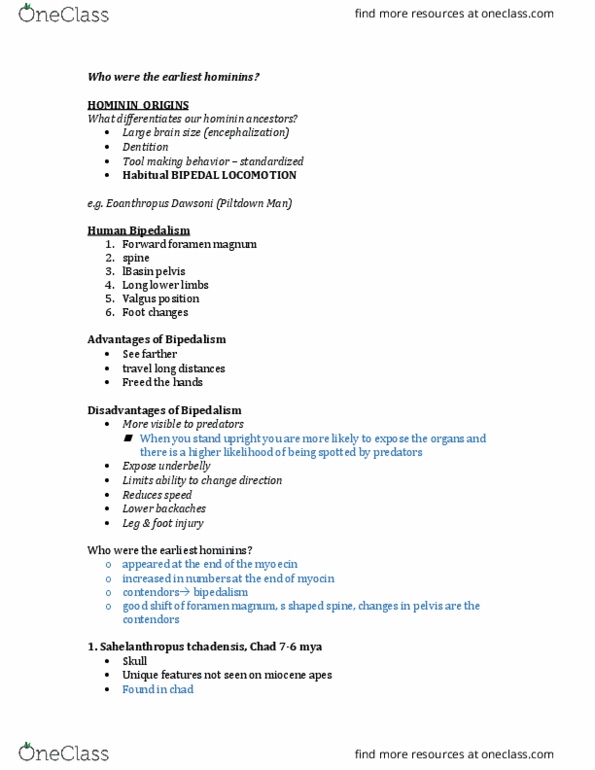 ANT101H5 Lecture Notes - Lecture 8: Raymond Dart, Swartkrans, Lake Turkana thumbnail