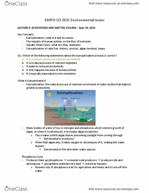 EARTHSC 2EI3 Lecture Notes - Lecture 4: Algal Bloom, Eutrophication, Sewage Treatment thumbnail