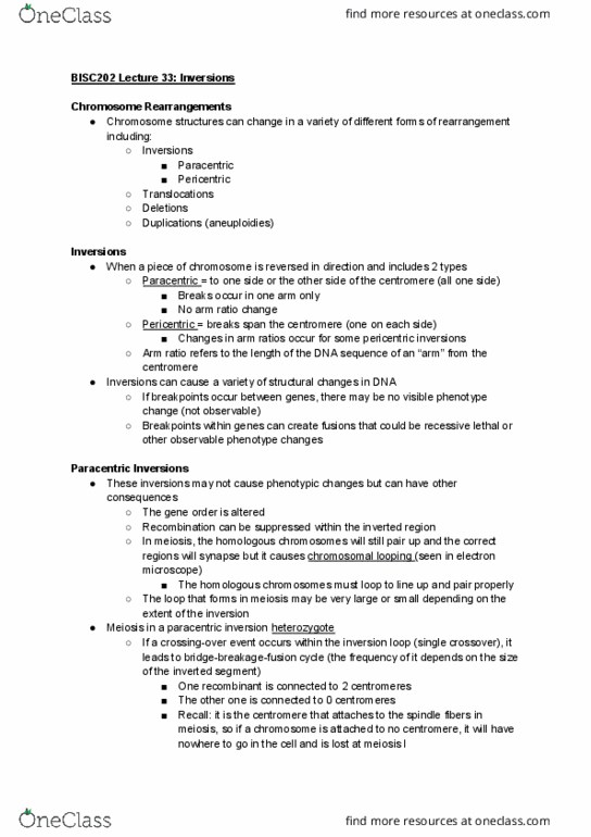 BISC 202 Lecture Notes - Lecture 33: Zygote, Chromosomal Inversion, Centromere thumbnail