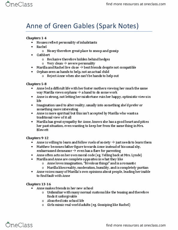 ENGB35H3 Lecture Notes - Lecture 5: Free Indirect Speech, Green Gable, Sparknotes thumbnail