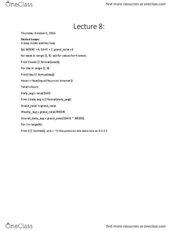 CP104 Lecture Notes - Lecture 8: For Loop thumbnail