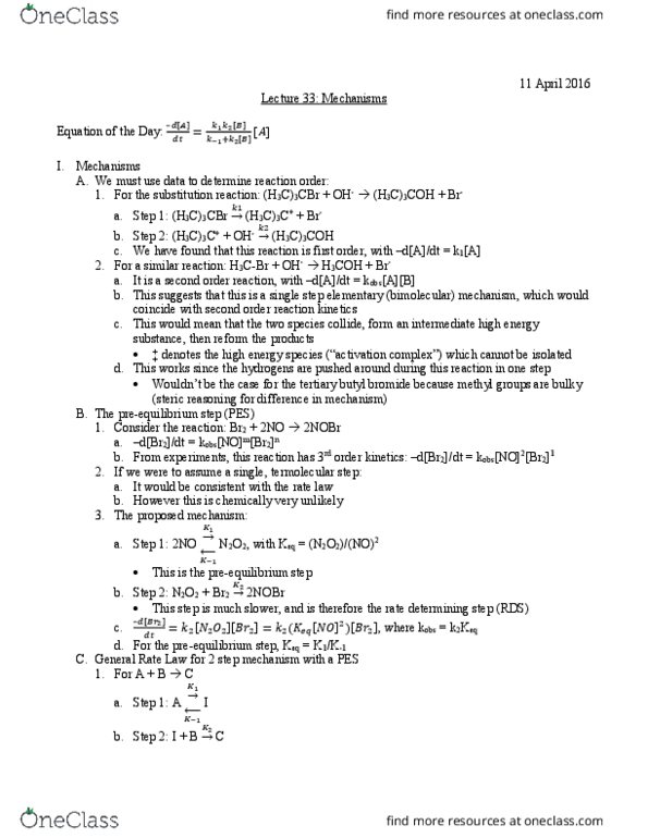 University College - Chemistry Chem 112A Lecture Notes - Lecture 33: Rate-Determining Step, Rate Equation, Substitution Reaction thumbnail