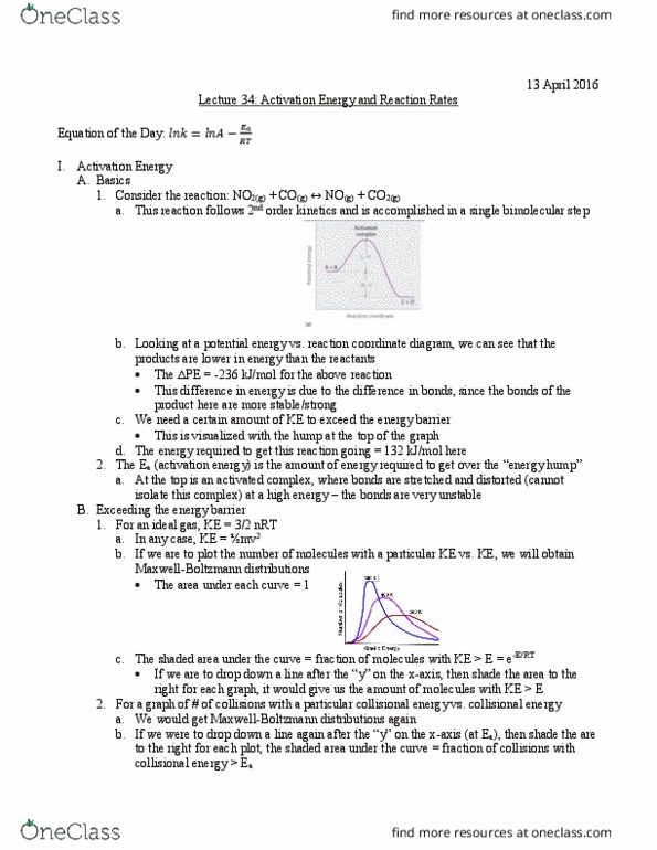 University College - Chemistry Chem 112A Lecture Notes - Lecture 34: Arrhenius Equation, Pre-Exponential Factor, Reaction Rate thumbnail