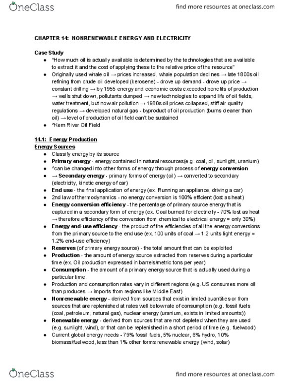 ENVS 137 Chapter Notes - Chapter 14: Energy Conversion Efficiency, Kern River Oil Field, Renewable Energy thumbnail