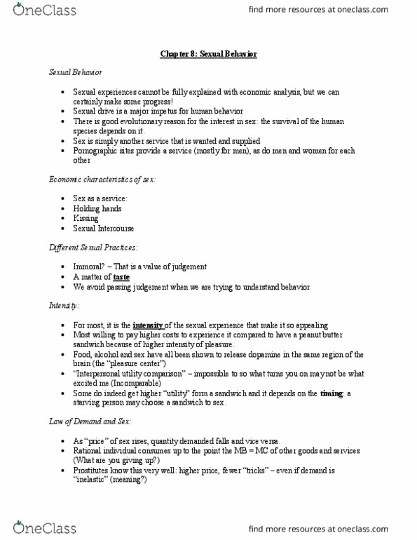 ECN 340 Lecture Notes - Lecture 8: Reward System, Holding Hands, Opportunity Cost thumbnail