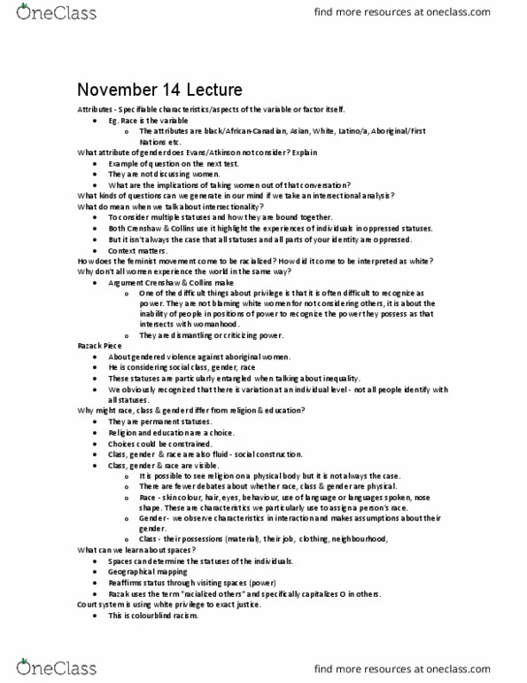 SOC265H1 Lecture Notes - Lecture 9: White Privilege, Color Blindness, Intersectionality thumbnail