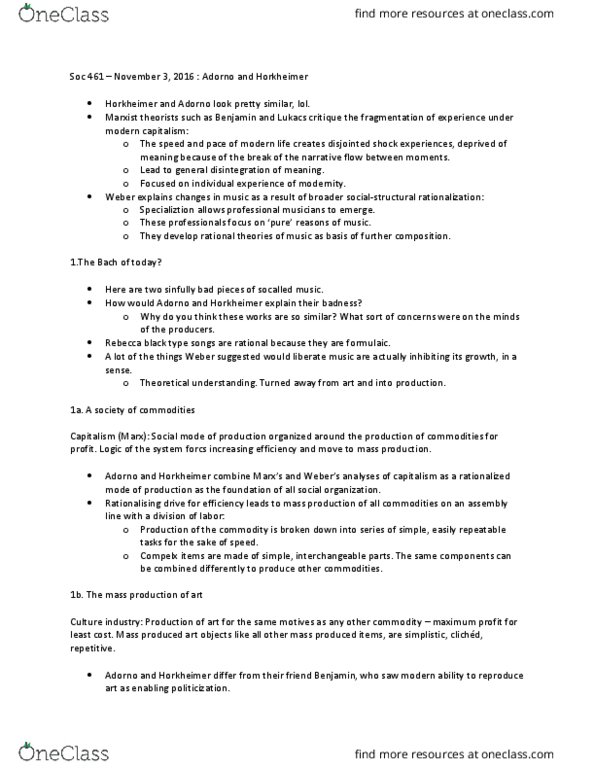 SOC461 Lecture Notes - Lecture 12: Rebecca Black, Max Horkheimer, Interchangeable Parts thumbnail
