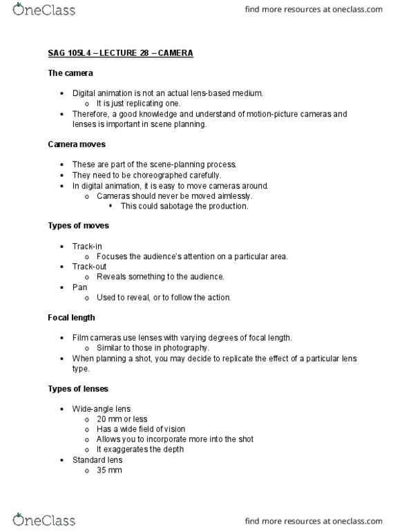 SAG 105L Lecture Notes - Lecture 28: Focal Length, Telephoto Lens thumbnail