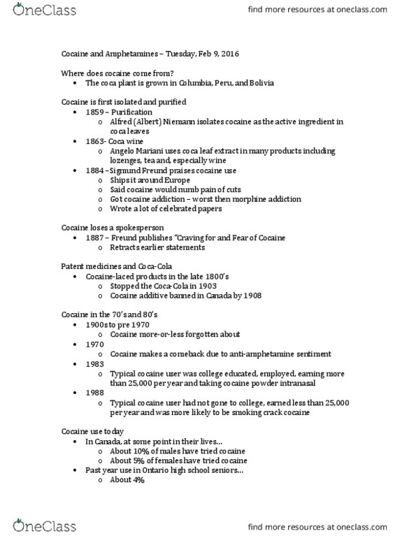 PS268 Lecture Notes - Lecture 6: Coca Wine, Cocaine Intoxication, Sodium Bicarbonate thumbnail