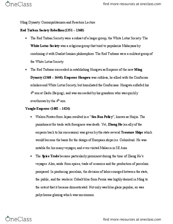 HIST 80a Lecture Notes - Lecture 17: White Lotus, Hongwu Emperor, Yongle Emperor thumbnail