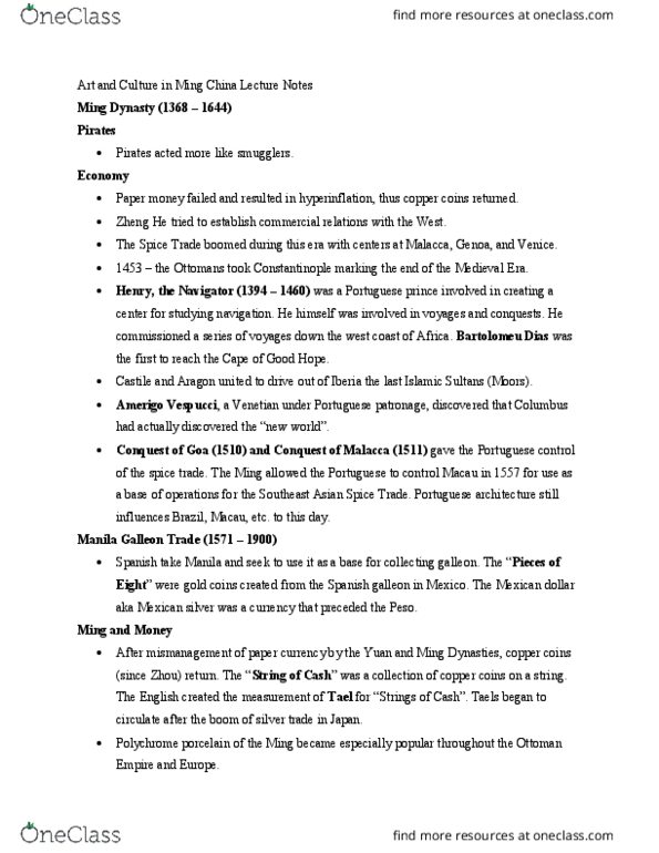 HIST 80a Lecture Notes - Lecture 18: Bartolomeu Dias, Ming Dynasty, Spice Trade thumbnail