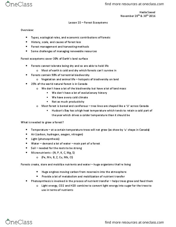 ENV100Y5 Lecture Notes - Lecture 15: Forest Ecology, Temperate Rainforest, Handia (Drink) thumbnail