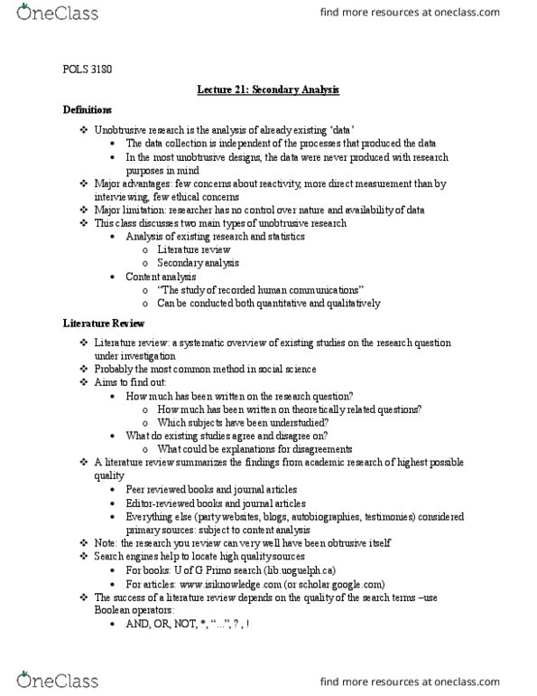POLS 3180 Lecture Notes - Lecture 21: Literature Review, Content Analysis, Ecological Fallacy thumbnail