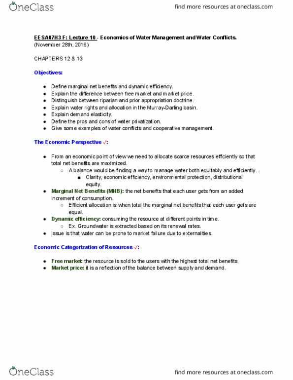 EESA07H3 Chapter Notes - Chapter 12, 13: Prior-Appropriation Water Rights, Dynamic Efficiency, Water Metering thumbnail