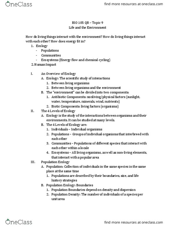 BIO 105QR Lecture Notes - Lecture 9: Habitat Destruction, Autotroph, Amphiprioninae thumbnail