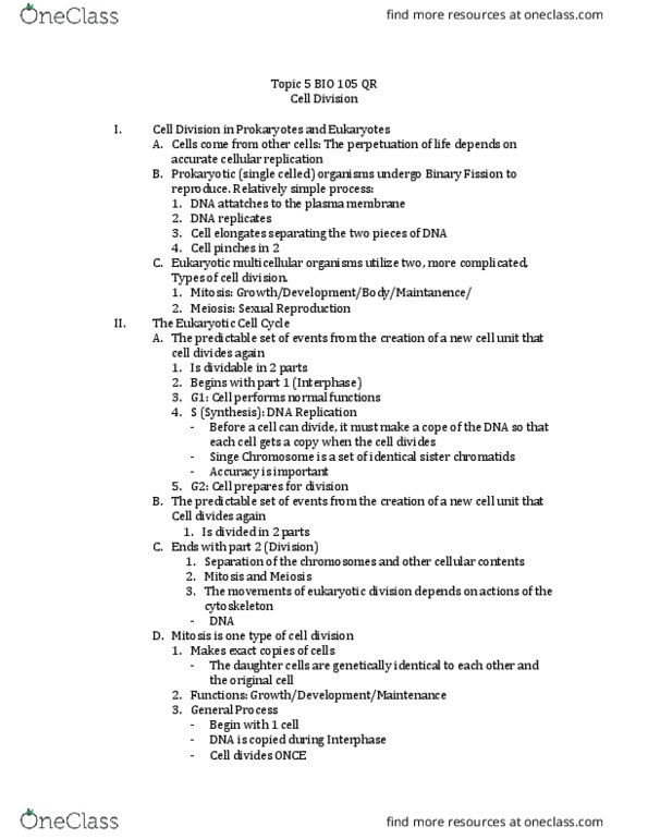 BIO 105QR Lecture Notes - Lecture 5: Dna Replication, Sister Chromatids, Cell Cycle thumbnail