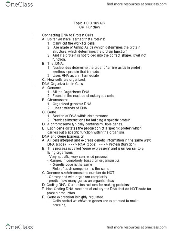 BIO 105QR Lecture Notes - Lecture 4: Noncoding Dna, Gene Expression, Genetic Code thumbnail