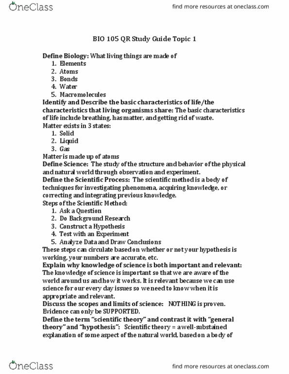 BIO 105QR Lecture Notes - Lecture 1: Scientific Method, Dependent And Independent Variables, Scientific Literacy thumbnail