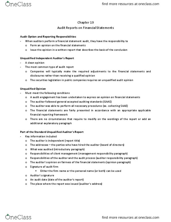 BUS 426 Chapter Notes - Chapter 19: Financial Audit, Financial Statement, Audit Evidence thumbnail