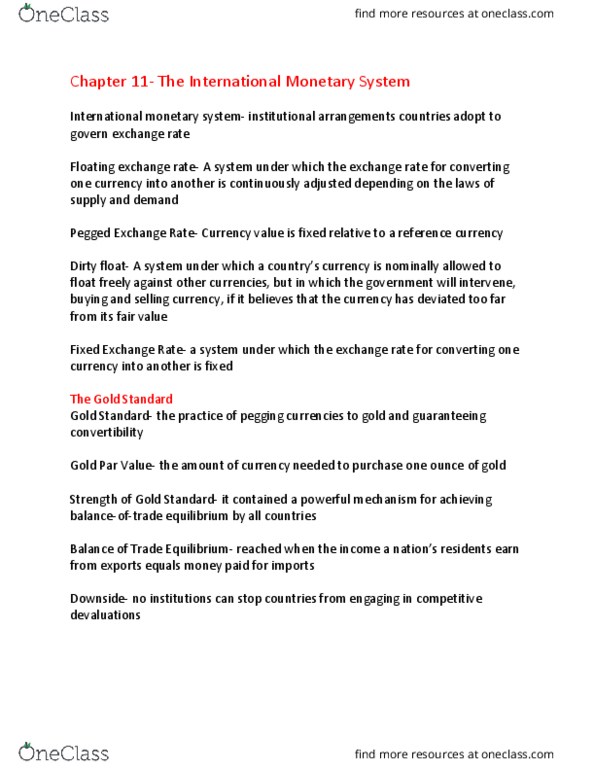 INTB 1203 Chapter Notes - Chapter 11: International Monetary Systems, Floating Exchange Rate, International Monetary Fund thumbnail