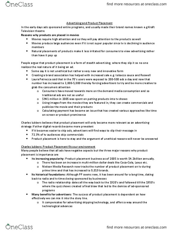 Sociology 2172A/B Lecture Notes - Lecture 11: Kraft Television Theatre, Product Placement, Media Consumption thumbnail