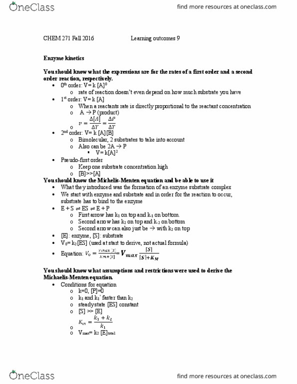 CHEM 271 Lecture Notes - Lecture 9: Enzyme Kinetics, Reaction Rate, Reaction Rate Constant thumbnail