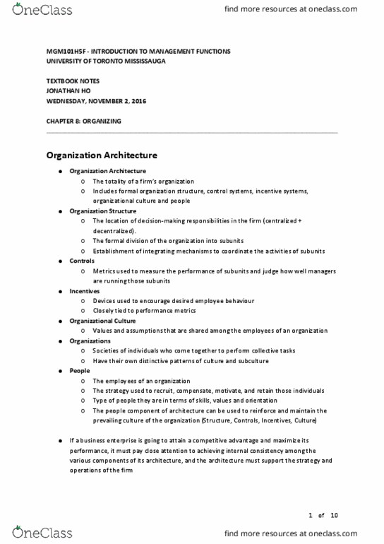 MGM101H5 Chapter Notes - Chapter 8: University Of Toronto Mississauga, Organizational Culture, Organizational Architecture thumbnail