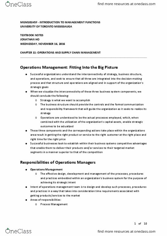 MGM101H5 Chapter Notes - Chapter 11: Operations Management, University Of Toronto Mississauga, Customer Service thumbnail