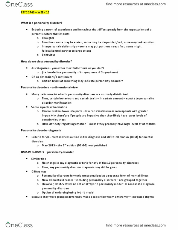 PSYC 2740 Lecture Notes - Lecture 23: Schizotypal Personality Disorder, Narcissistic Personality Disorder, Schizoid Personality Disorder thumbnail