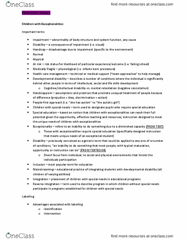 FRHD 2110 Lecture Notes - Lecture 3: Least Restrictive Environment, Fetal Alcohol Spectrum Disorder, Developmental Disability thumbnail