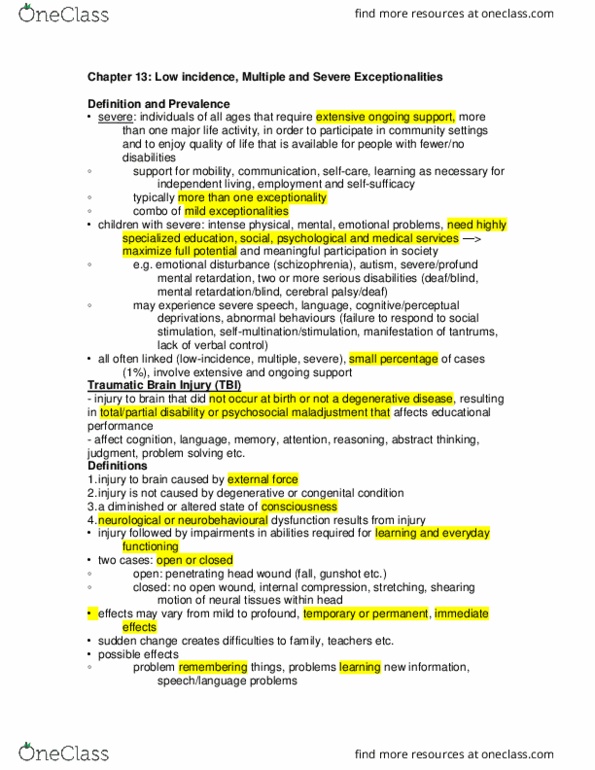 FRHD 2110 Chapter Notes - Chapter 13: Traumatic Brain Injury, Deafblindness, Coloboma thumbnail