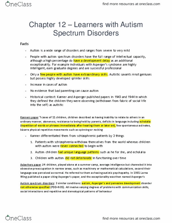 FRHD 2110 Chapter Notes - Chapter 12: Pervasive Developmental Disorder, Autism Spectrum, Childhood Disintegrative Disorder thumbnail